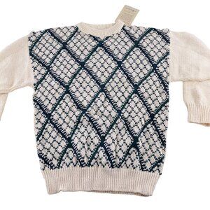 Ash Creek Trading XL Fair Isle Sweater 100% Cotton Ivory‎ & Navy Diamond Pattern